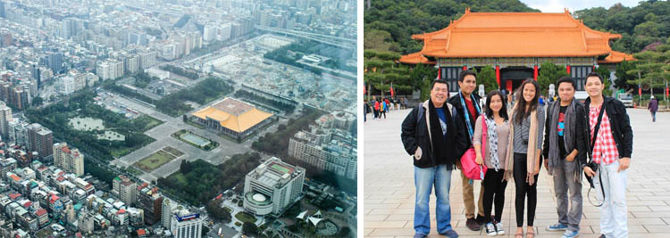 View from Taipei 101 Observatory (L) and my fellow bloggers and I at the Martyrs' Shrine (R)